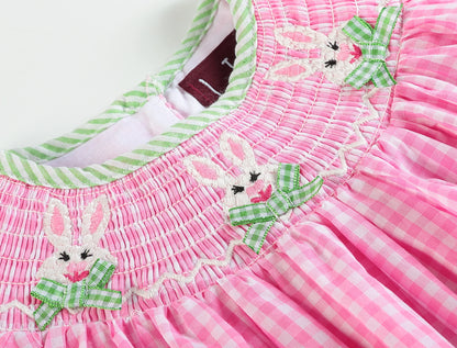 Pink Gingham Bunnies Smocked Bishop Dress - Lil Cactus