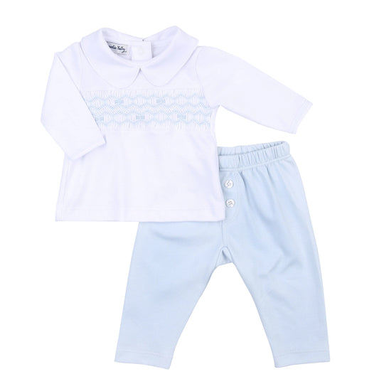 Fiona and Phillip Blue Smocked Collared Boy Toddler 2pc Pant Set