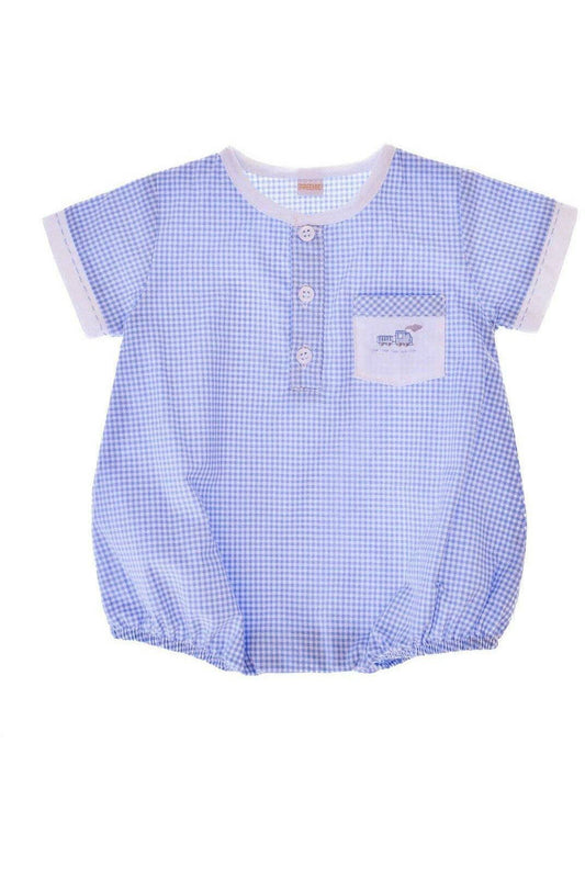 Baby Boy Hand Embroidered Creeper Romper - Blue Train