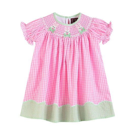 Pink Gingham Bunnies Smocked Bishop Dress - Lil Cactus