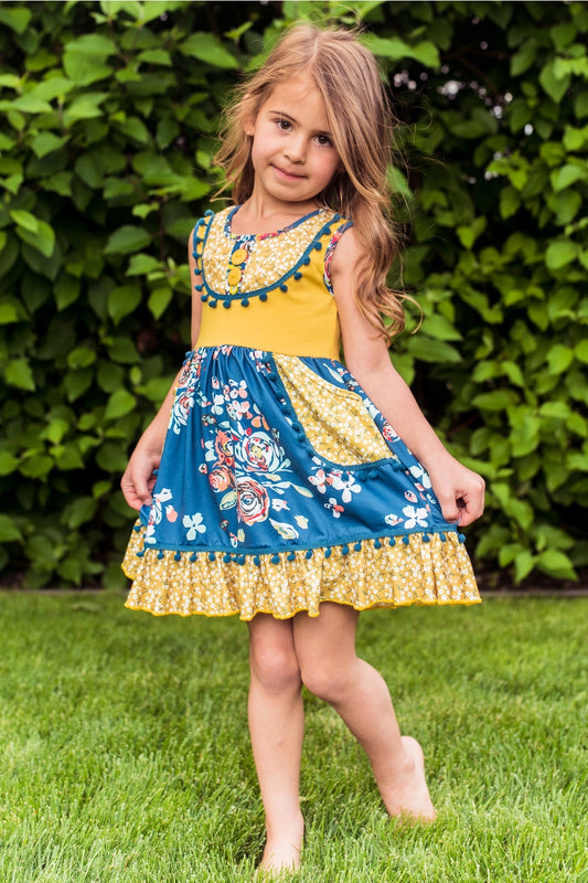 Ruffles - Mustard & Cobalt Floral Pom Pom-Trim A-Line Dress