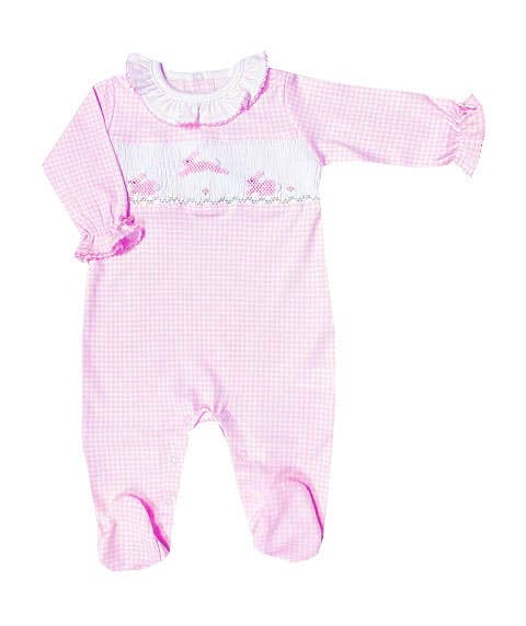 Pink Easter  smocked Bunnies Pima Cotton Baby Footie