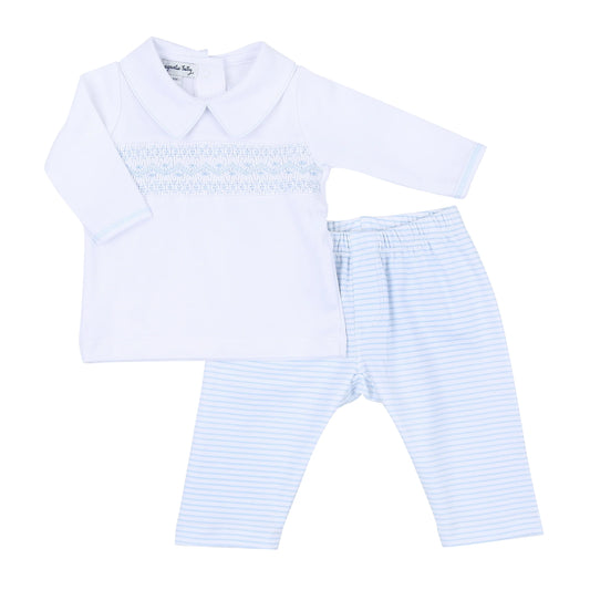 Jessica and Jack Blue Smocked Collared Long 2pc Pant Set