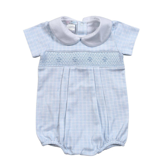 BLUE PLAID PIMA HAND SMOCKED BUBBLE