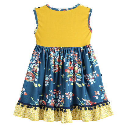 Ruffles - Mustard & Cobalt Floral Pom Pom-Trim A-Line Dress