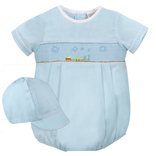 Baby Boy Creeper Romper With Hat - Blue Train