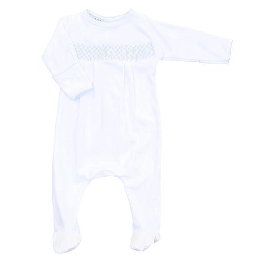 Smocked White Footie with Blue Trim