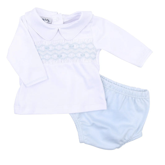 Fiona and Phillip Blue Smocked Collared Long Sleeve Diaper Cover Set