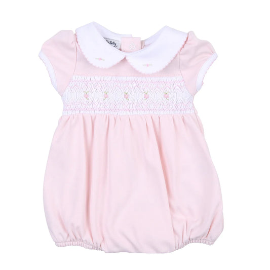 Fiona and Phillip Pink Smocked Collared Short Sleeve Girl Bubble