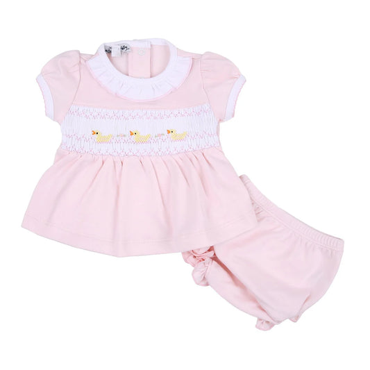 Just Ducky Classics Pink Smocked Ruffle Short Sleeve Diaper Cover Set