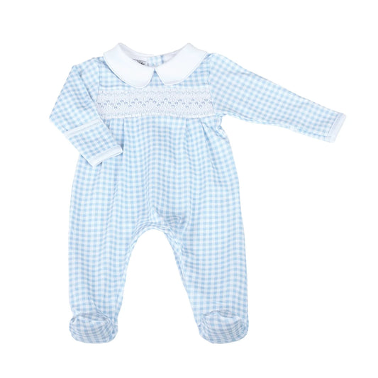 Mini Checks Smocked Footie - Blue