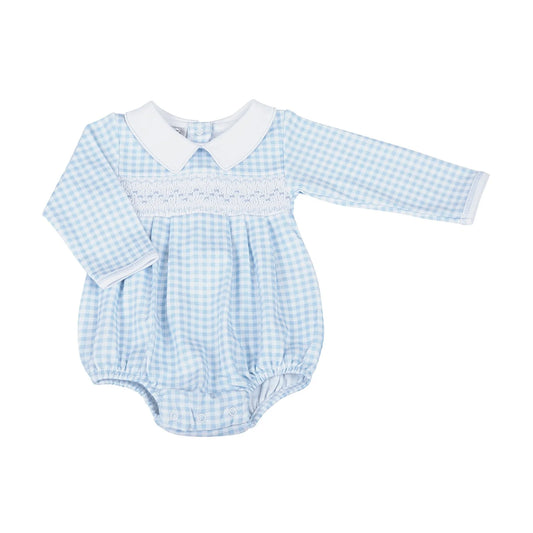 Mini Checks Smocked Long Sleeve Bubble - Blue