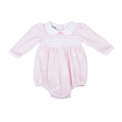 Checked Smocked Long Sleeve Bubble Pink